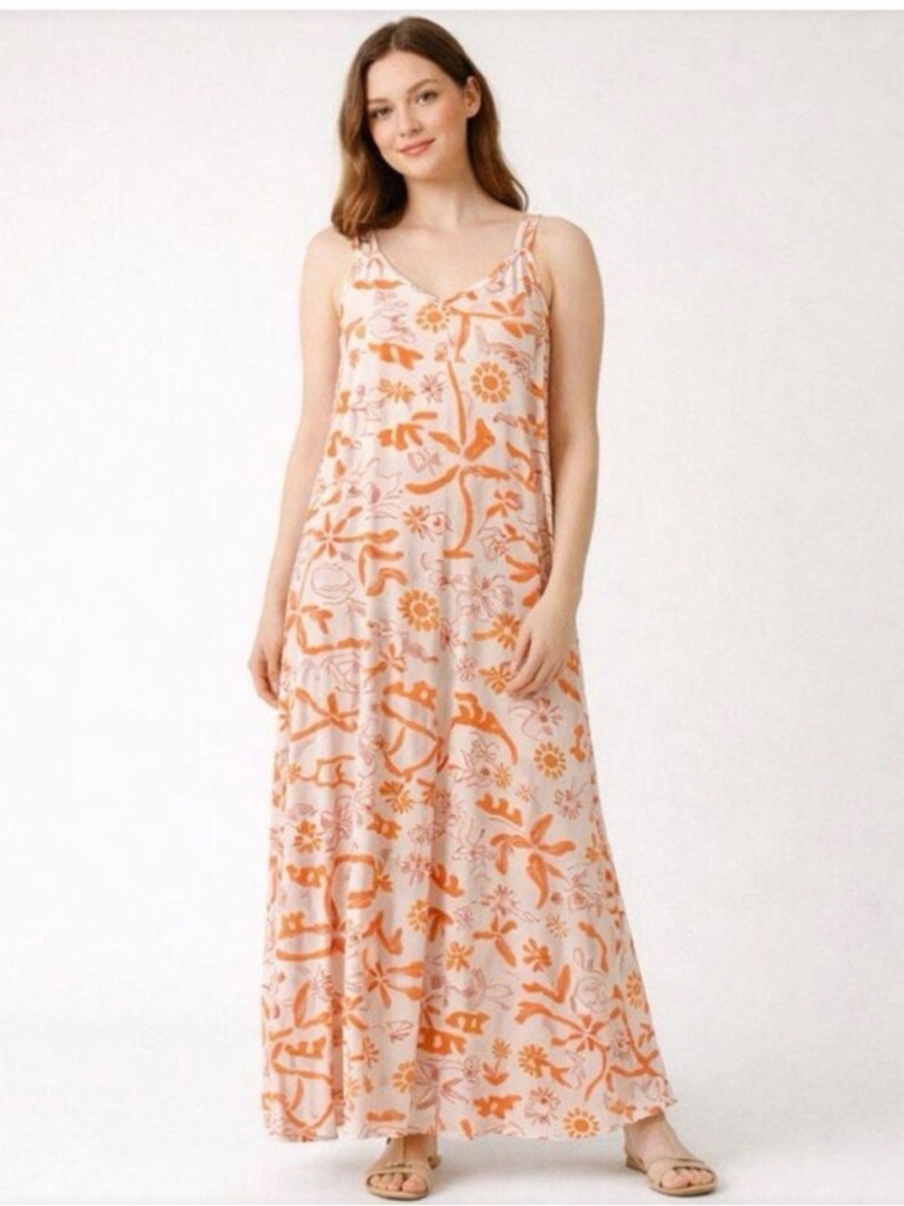 Label of Love Sleeveless Orange and Pink Trpical Maxi Dress Women Size Medium
